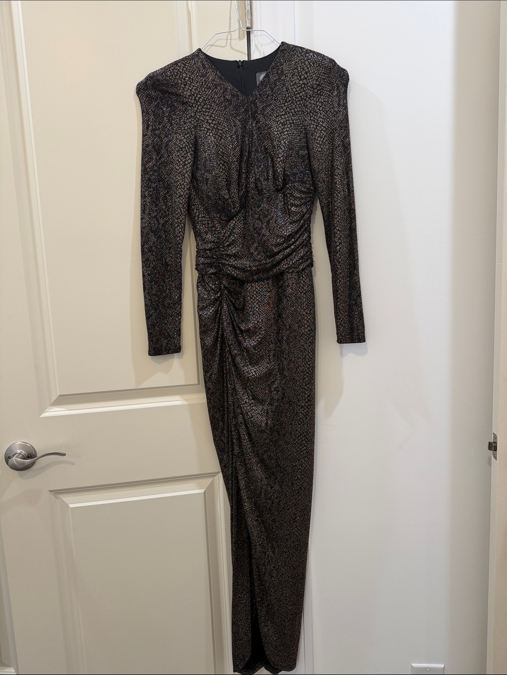 Vince Camuto Metallic Black Ruched Long Sleeve Gown
